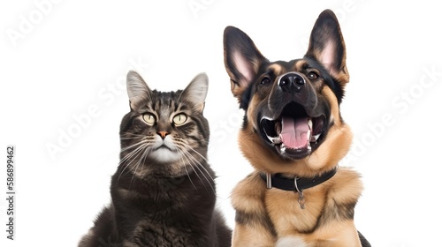 Portrait of Cute happy cat and dog smiling, on white background