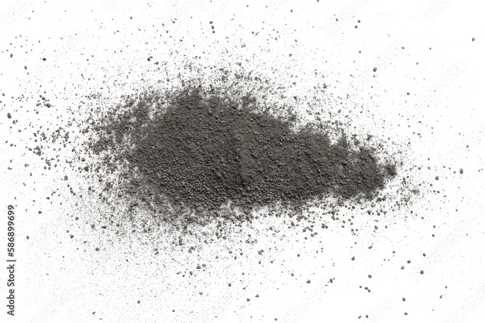 Pile of black dust scattered on white background, top view Pile of black dust scattered on white background, top view