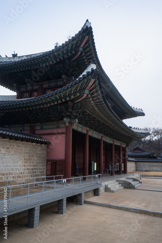 Changdeokgung Palace and Donhwamun main gate and entrance in Seoul during winter morning at Jongno , Seoul South Korea : 3 February 2023