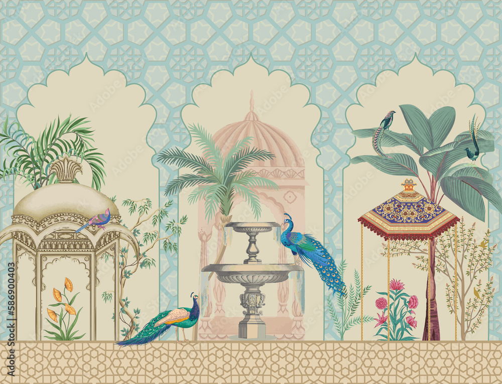 Mughal Pattern Tree Mughal decorative pattern with palm tree, plant, bird, peacock ...