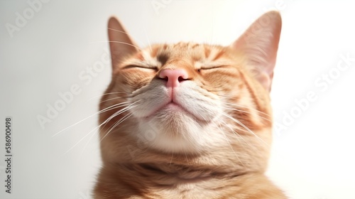 Portrait of Cute smiling cat with closed eyes on white background