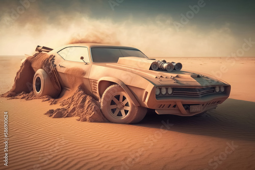 A fast muscle car churns up sand in a desert created with generative AI technology.