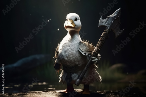 A white duck as a barbarian with a big axe and shining armour created with generative AI technology.