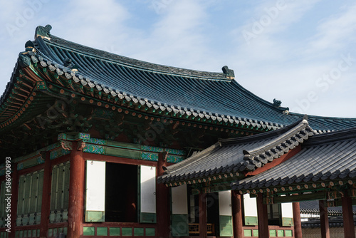 Changdeokgung Palace and Seonjeongjeon with Blue Tile roof in Seoul during winter morning at Jongno   Seoul South Korea   3 February 2023