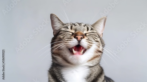 Portrait of Cute smiling cat with closed eyes on white background © Eli Berr