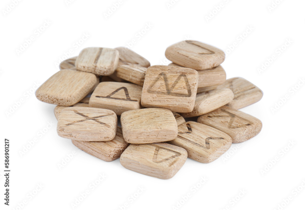 Pile of wooden runes isolated on white Pile of wooden runes isolated on white