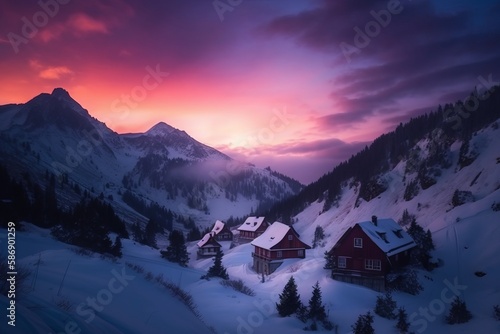 Mountain Lodge sitting alone in a mountain setting. With a pink and purple sunset