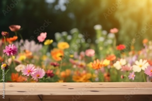 Abstract flower garden Background with Bokeh. Empty Wooden Table Top for Products with Blank Copy Space © Thares2020