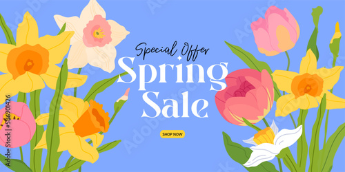 Spring Sale Header or Banner Design with tulip daffodil narcissus Flowers on blue background. Vector illustration Sale day