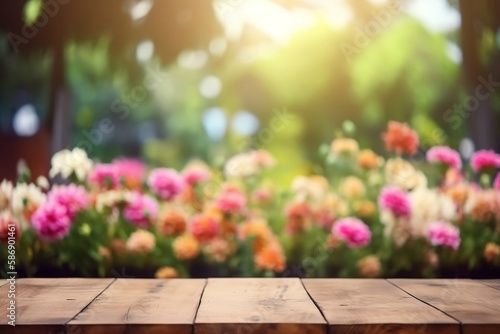 Abstract flower garden Background with Bokeh. Empty Wooden Table Top for Products with Blank Copy Space