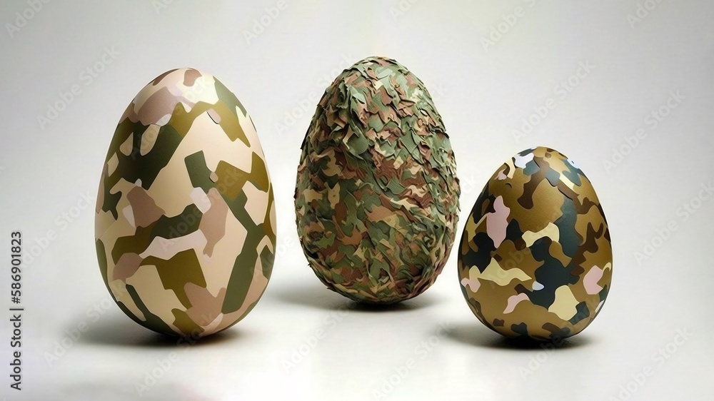 A compositions of three camouflage eggs on a white background, Ai generated image A compositions of three camouflage eggs on a white background, Ai generated image
