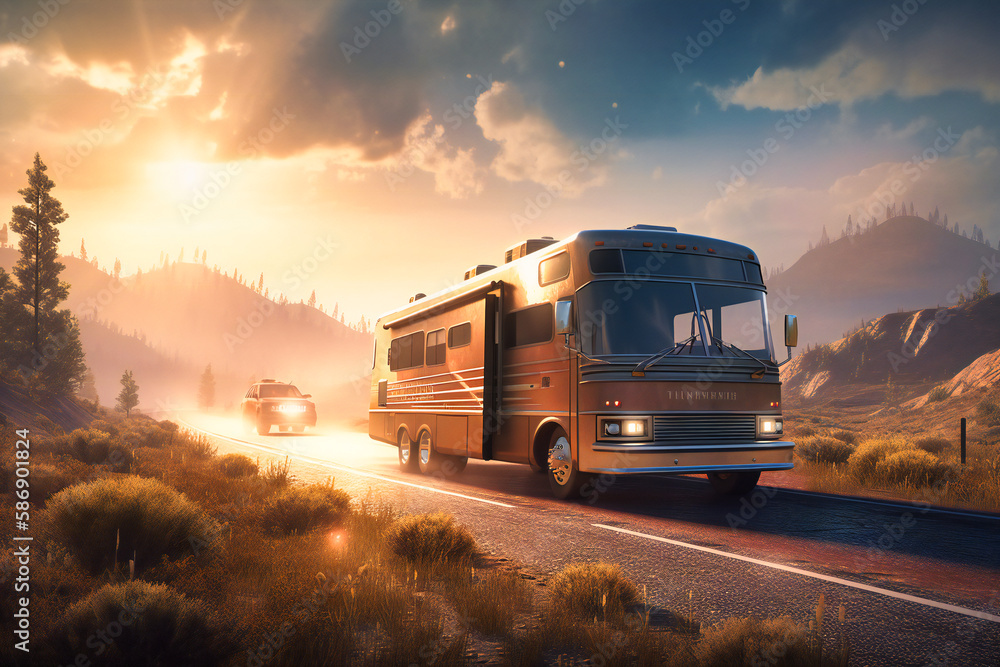 Travel the open road in a luxury summer RV, complete with a hot tub and entertainment system