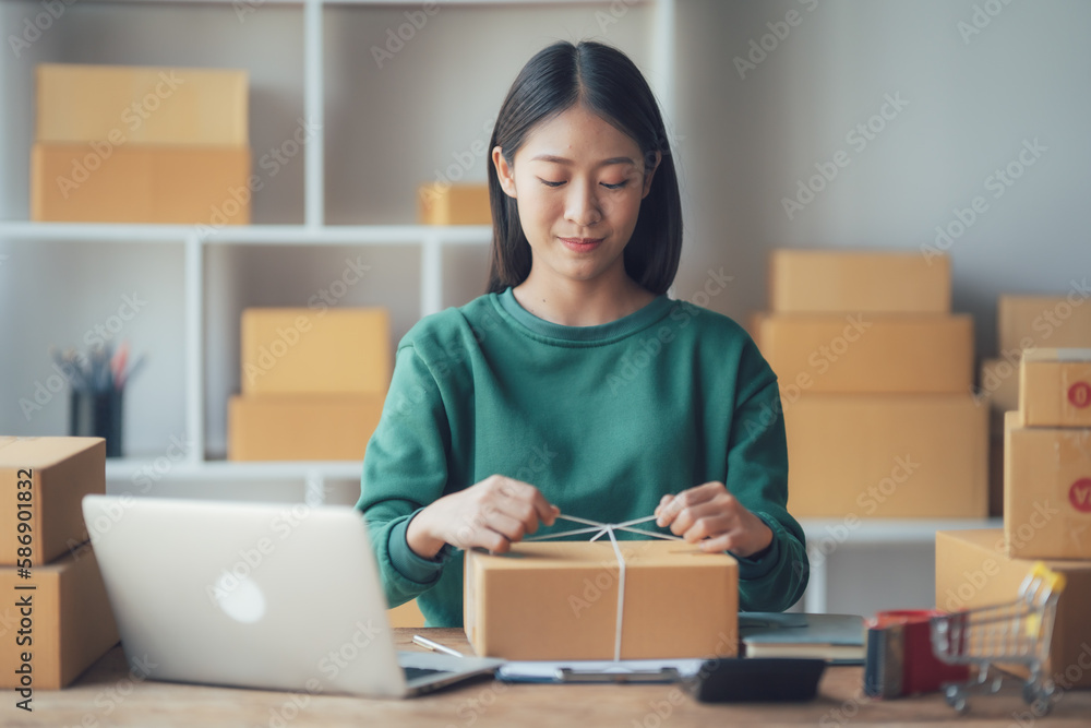 Startup small business entrepreneur or freelance Asian woman using a laptop with box, Young success Asian woman with her hand lift up, online marketing packaging box and delivery, SME concept. Startup small business entrepreneur or freelance Asian woman using a laptop with box, Young success Asian woman with her hand lift up, online marketing packaging box and delivery, SME concept.
