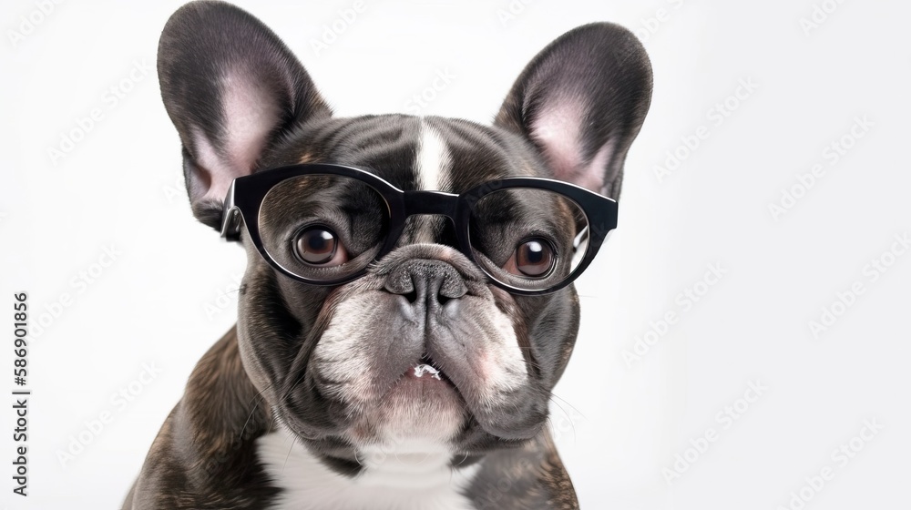 Portrait of Cute happy French Bulldog dog with glasses is smiling, on white background