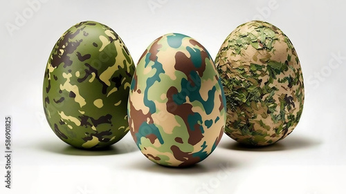 A compositions of three camouflage eggs on a white background, Ai generated image