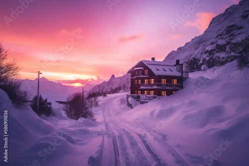 Mountain Lodge sitting alone in a mountain setting. With a pink and purple sunset © MD Media
