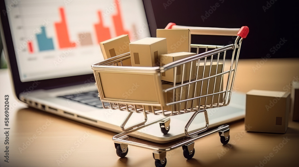 E-commerce. Paper boxes in shopping cart and credit card on keyboard and sales data economic growth graph on computer screen, online shopping and payments, banking, services online on network