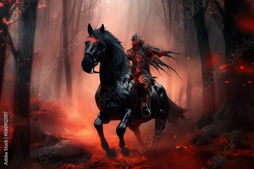 Demon horse in fog forest. Magic dark rider. Generate Ai © nsit0108