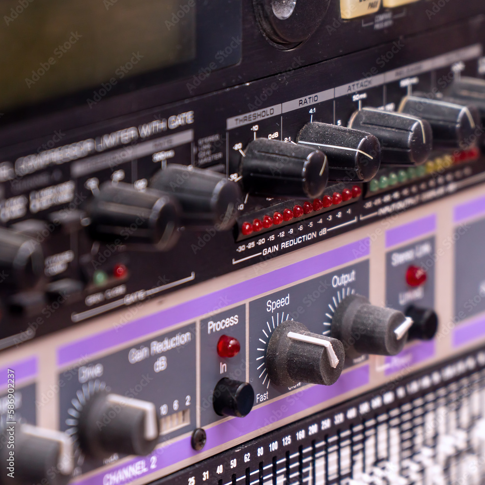 Recording studio gears in rack close up. Selective focus.
