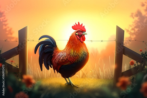 Illustration of a proud rooster crowing at sunrise against the background of a fence and sunrise Fototapeta