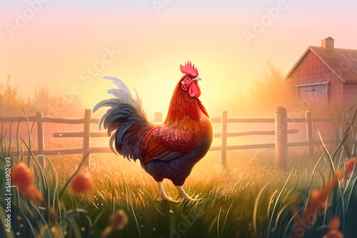 Illustration of a proud rooster crowing at sunrise against the background of a fence and sunrise Fototapeta