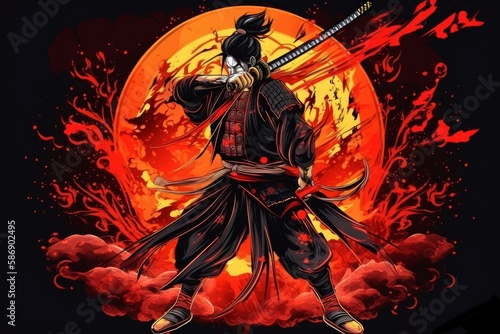 Samurai warrior with katana. Sun fire background. Generate Ai