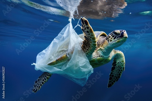 A turtle in the ocean polluted by plastic bags