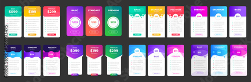 Ui UX pricing design tables with tariffs, subscription features checklist and business plans set. pricing plans table pricing chart Price list for web or app. Product Comparison business web plans.