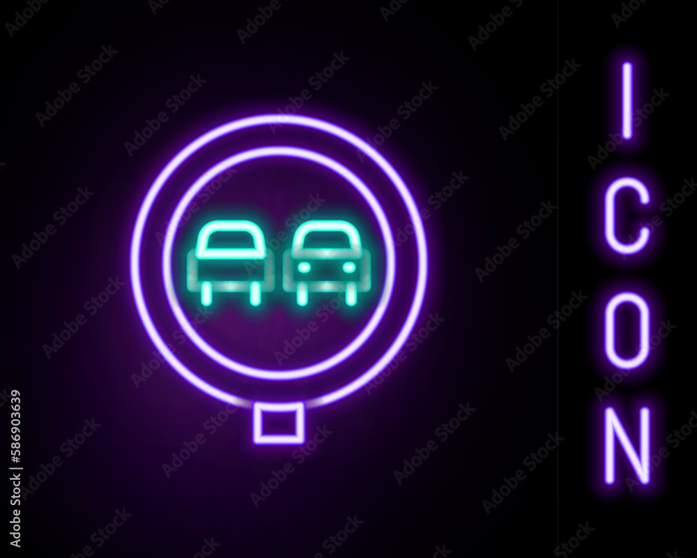 Glowing neon line No overtaking road traffic icon isolated on black background. Traffic rules and safe driving. Colorful outline concept. Vector Glowing neon line No overtaking road traffic icon isolated on black background. Traffic rules and safe driving. Colorful outline concept. Vector