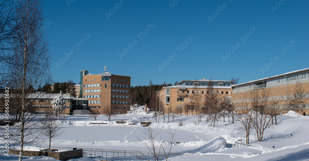 UMEA, SWEDEN - MARCH 29, 2023: Umea university building. Taken on a sunny winter day.