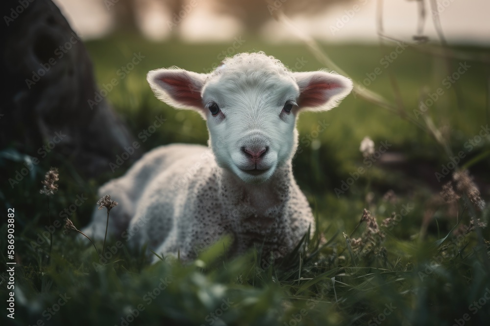 Fototapeta premium a lamb against a scene of untamed nature. Generative AI