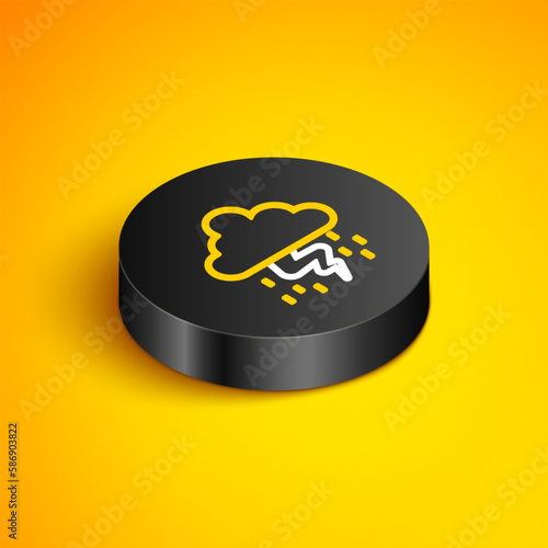 Isometric line Storm icon isolated on yellow background. Cloud and lightning sign. Weather icon of storm. Black circle button. Vector