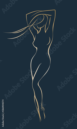 Beautiful woman body logo. Young female silhouette. Elegant, feminine lines. Beauty icon isolated on dark background. Long wavy hairstyle attractive model. Glamour style nude figure.