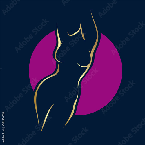 Beautiful woman body logo.Young female silhouette. Elegant, feminine lines. Beauty icon isolated on dark background. Attractive model. Glamour style nude figure.