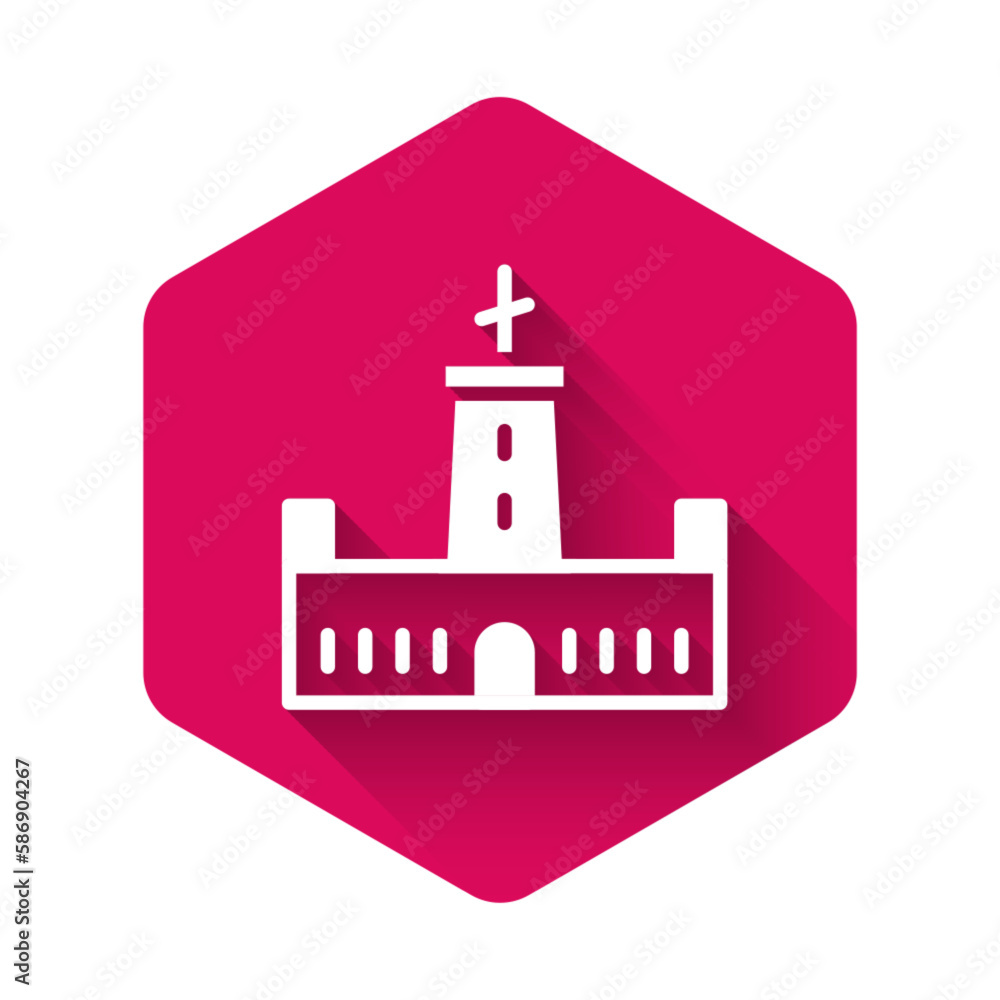 White Montjuic castle icon isolated with long shadow. Barcelona, Spain. Pink hexagon button. Vector White Montjuic castle icon isolated with long shadow. Barcelona, Spain. Pink hexagon button. Vector