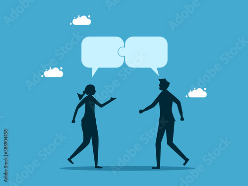 communication or collaboration. Two men and women talking with jigsaw speech bubbles vector
