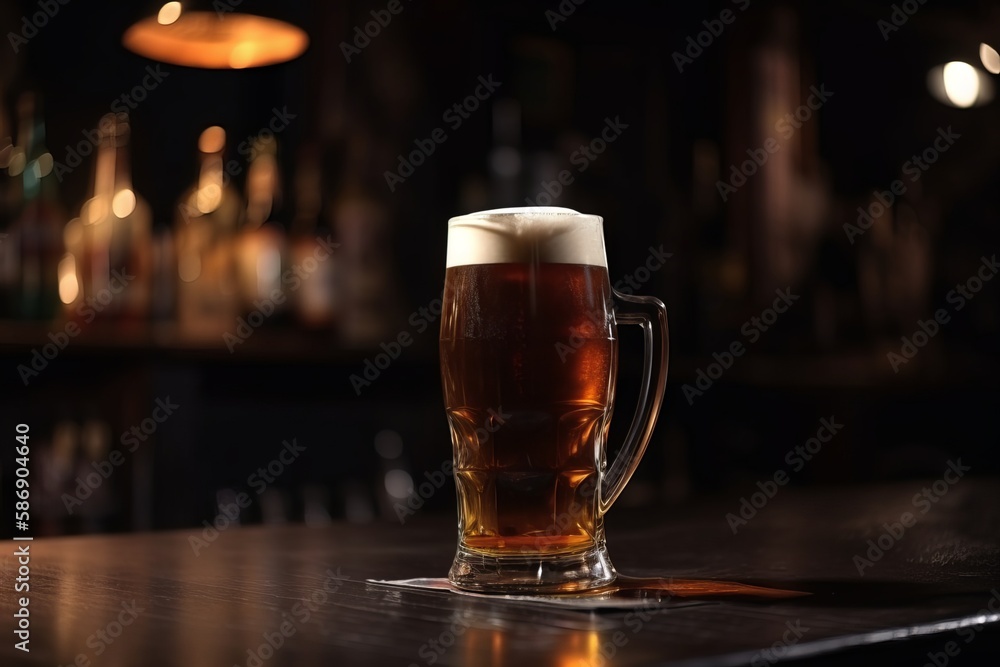 A glass of cold refreshing beer on a dark bar scene A glass of cold refreshing beer on a dark bar scene