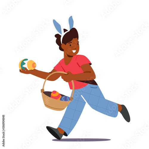 Little Boy Wearing Rabbit Ears Run With Basket Full Of Colorful Easter Eggs. Joy And Childhood Concept For Easter Promo