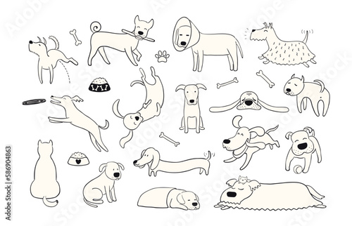Cute funny dogs, puppies clipart collection, isolated. Hand drawn monochrome vector illustration. Line drawing. Domestic animals set. Design concept pet food, branding, business, vet, print, poster