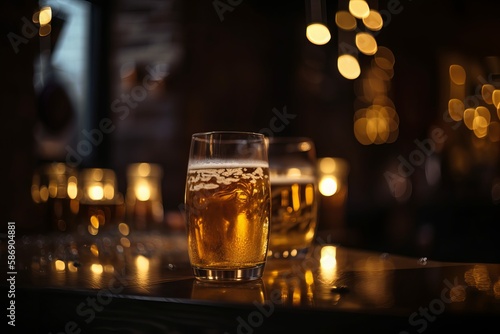 A glass of cold refreshing beer on a dark bar scene