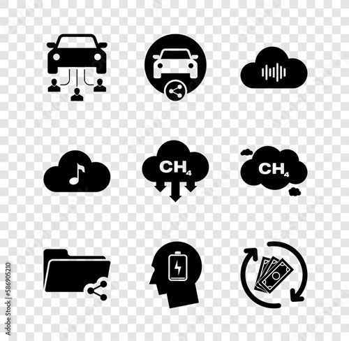 Set Car sharing, , Music streaming service, Share folder, Head with low battery and Refund money icon. Vector
