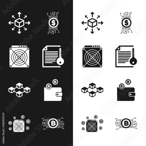 Set Smart contract, ASIC Miner, Distribution, Cryptocurrency bitcoin circuit, Blockchain technology and wallet icon. Vector
