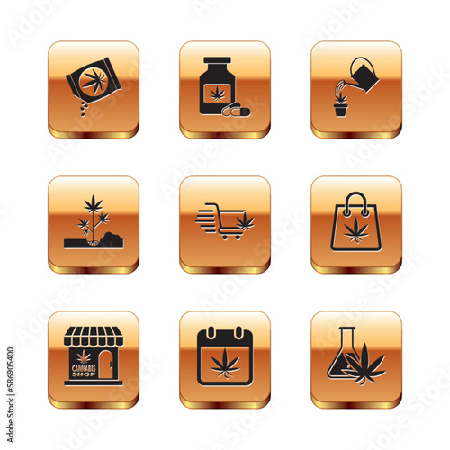 Set Marijuana or cannabis seeds, and store, Calendar marijuana, Shopping cart with, Planting, Watering, Test tube and Medical bottle icon. Vector