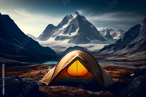 Camping Tent in high mountain with mountain background and clear sky, Hiking concept ai generative © Lucky Ai