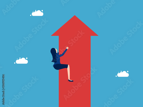 according to the flow of the crowd. Businesswoman clinging to growth arrow vector
