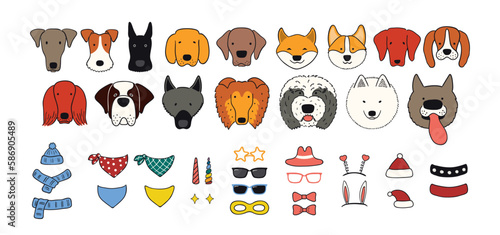 Cute funny dog faces, accessories clipart collection, isolated. Hand drawn vector illustrations set. Line art. Portrait creator, DIY. Design concept pet food, branding, business, vet, print, poster