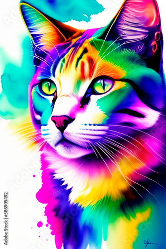 abstract bright colors watercolor colorful super cute cat portrait face, white background