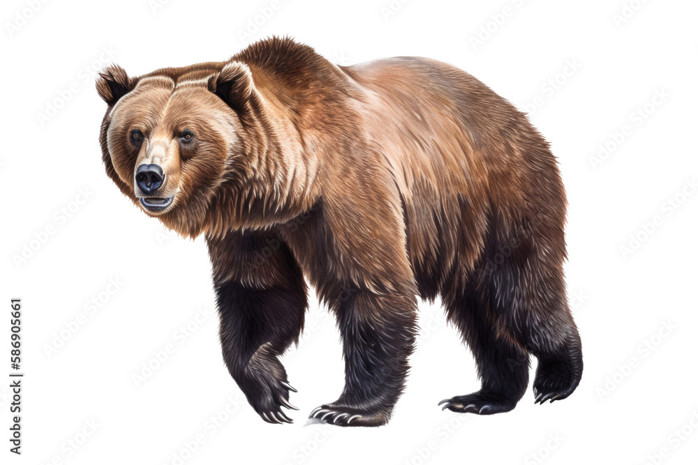 Fototapeta premium an isolated grizzly bear running and walking, side-view portrait, North American, mountain-themed photorealistic illustration on a transparent background in PNG. Ursus arctos horribilis. Generative AI