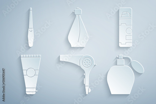 Set Hair dryer, Shaving gel foam, Lotion cosmetic tube, Perfume, and Nail file icon. Vector