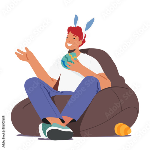 Young Man in Rabbit Ears Holding Decorated Egg for Easter Holiday Celebration Sitting on Bean Bag Isolated on White